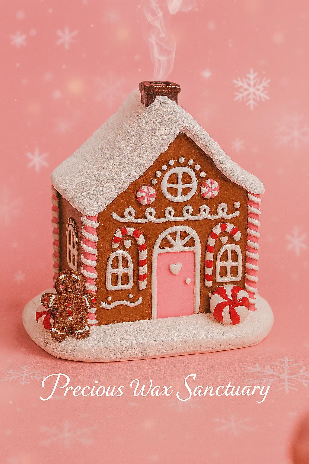 Decorative gingerbread incense house with candy decorations on a pink background with snowflake patterns, featuring 'Precious Wax Sanctuary' text.