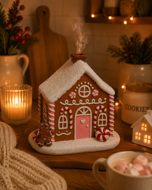 A small gingerbread house incense burner with a pink door, white snow-dusted roof and base, and red-and-white striped sides, displayed on a wooden surface with warm holiday decor including candles, a mug, and string lights in the background.