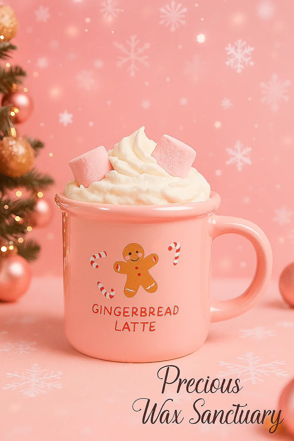 Pink mug with 'Gingerbread Latte' text, topped with whipped cream, on a pink background with Christmas decorations.