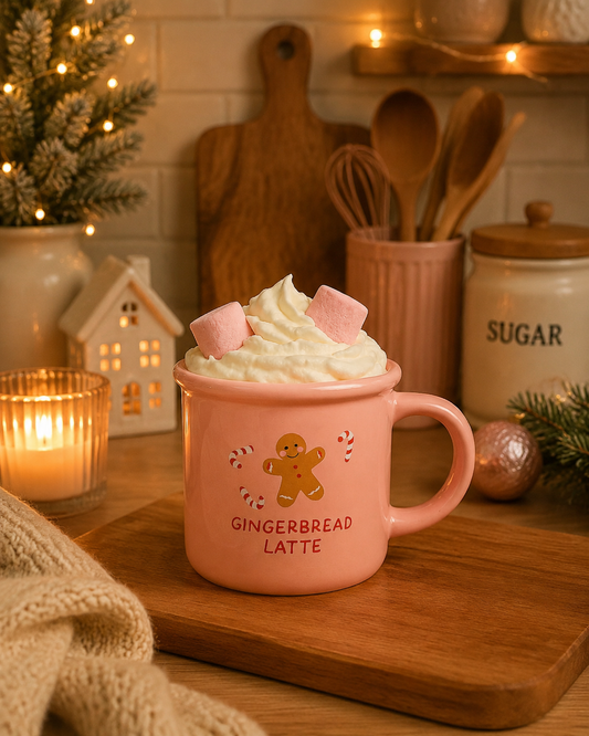 Pink christmas gingerbread mug in cosy kitchen