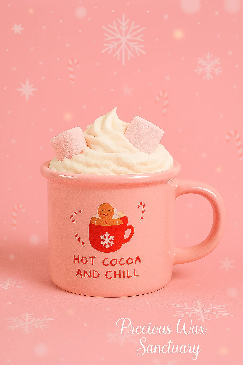 Pink mug with whipped cream and 'Hot Cocoa and Chill' text on a pink background with snowflakes.