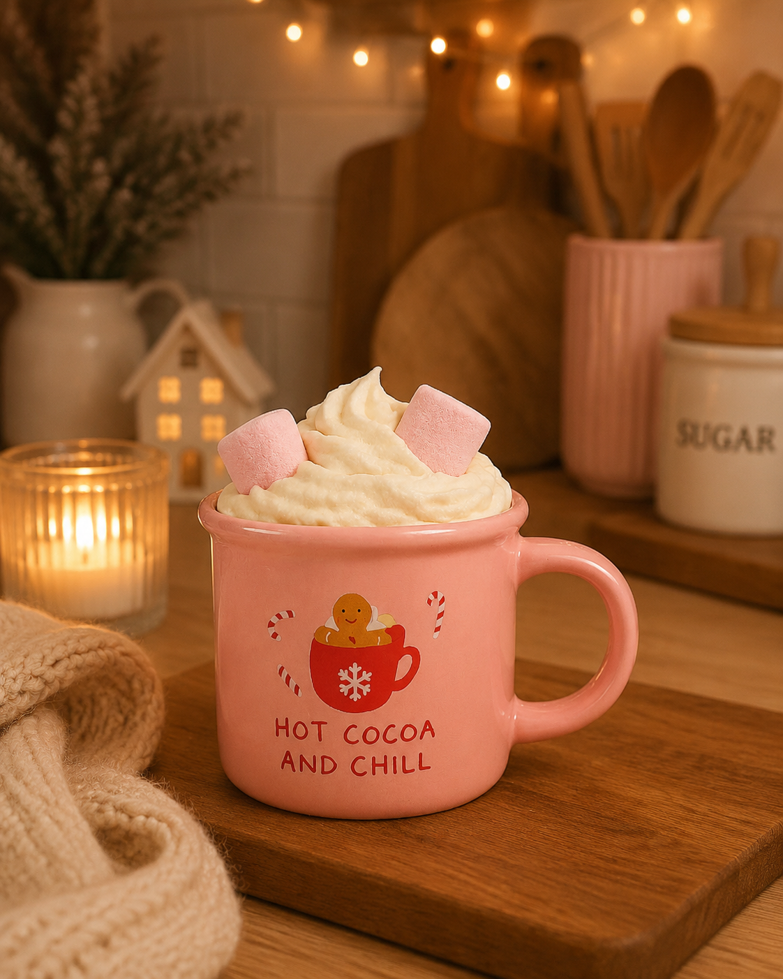 Pink hot cocoa and chill mug set up in kitchen