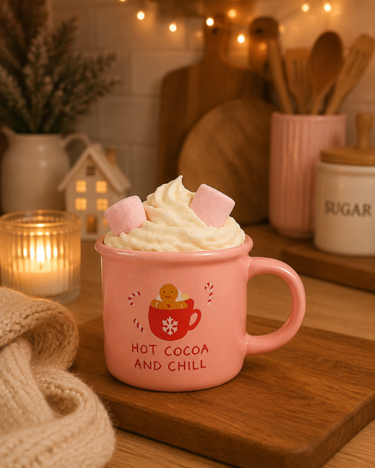 Pink hot cocoa and chill mug set up in kitchen