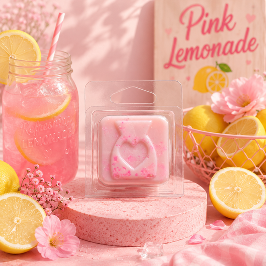pink lemonade wax melt sample with pretty pink lemonade background theme.