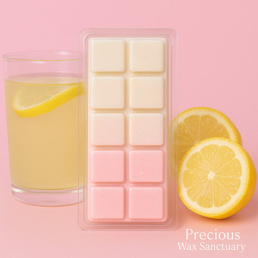 Pink Lemonade Wax Melts featuring a vibrant, refreshing fragrance with zesty lemon, sweet berries, and a hint of sugar, capturing the bright and cheerful essence of a chilled pink lemonade.