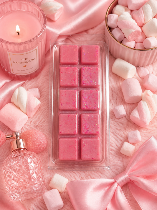 A pink marshmallow-themed wax melt bar pack in a clear plastic tray, styled on a pink satin and faux fur surface with pink marshmallows, a pink candle, a pink perfume bottle, and a pink bow.