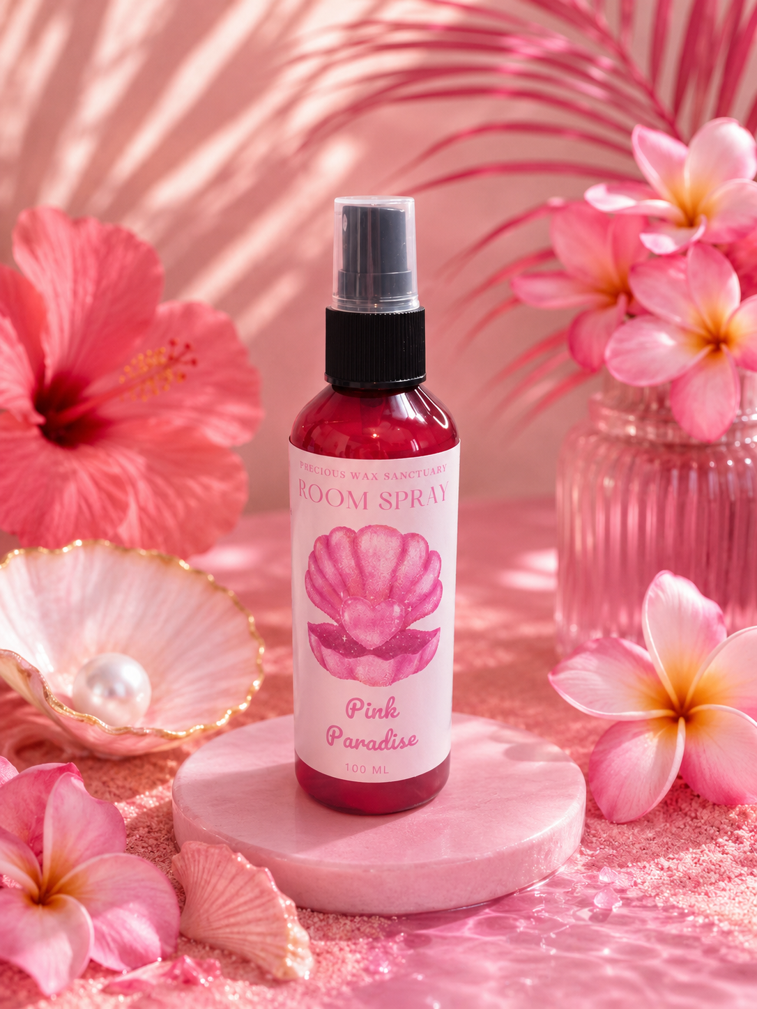 Room Spray bottle with pink flowers and seashells on a pink background