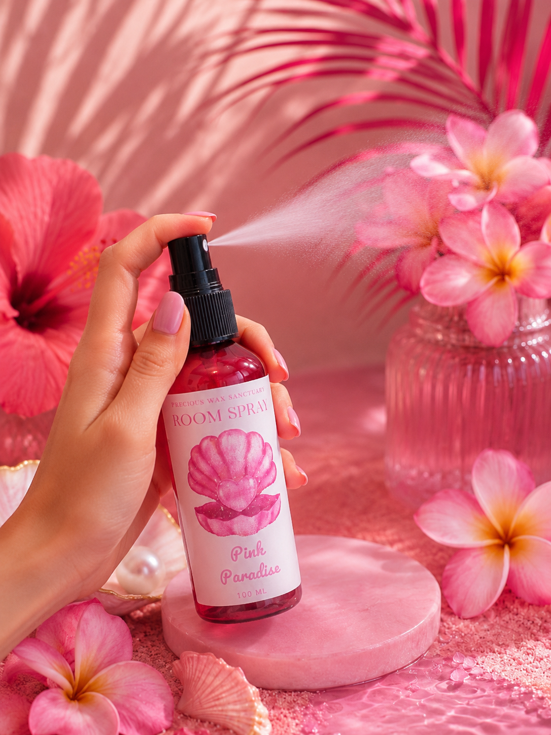 A hand holds a pink room spray bottle labeled 'Pink Paradise' with a black spray nozzle, spraying a mist. The scene is styled with pink hibiscus flowers, pink plumeria flowers, seashells, and a pink glass vase against a pink tropical leaf background.