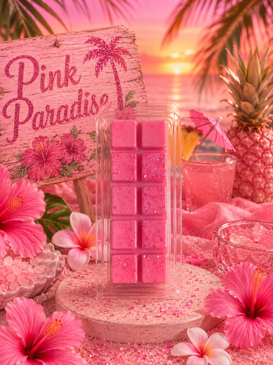 Pink wax melts in a clear container with pink flowers, pineapple, and 'Pink Paradise' sign in the background.