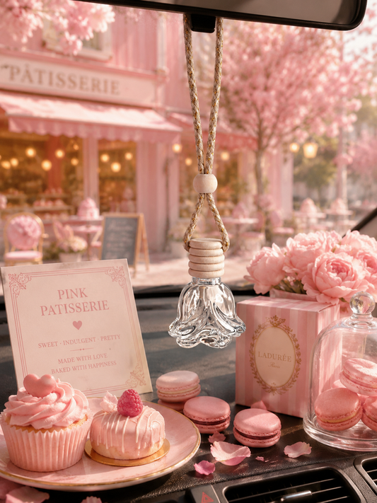 Pink-themed car interior with pastries, flowers, and a 'Pink Patisserie' sign.