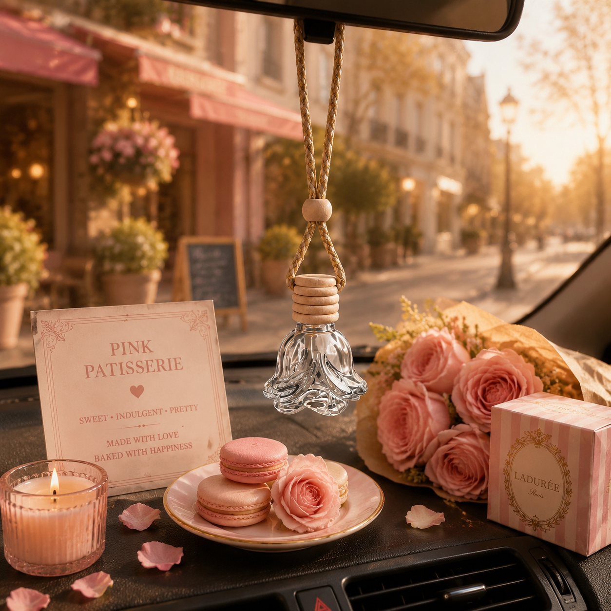 A pink-themed car air freshener and gift set displayed on a car dashboard. The set includes a pink patisserie-themed card, a glass bottle with a hanging rope diffuser, pink macarons on a plate, a pink candle, a bouquet of pink roses, and a pink gift box with a 'L'ADOURI' label.
