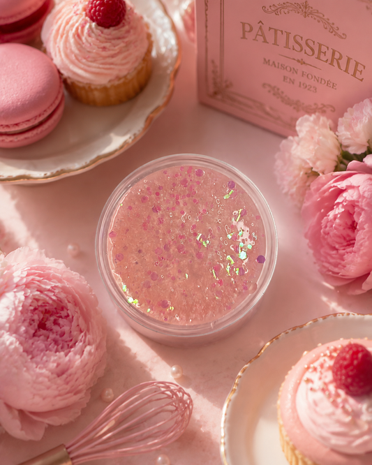 A round clear container filled with pink gel wax with iridescent glitter, styled on a pink surface with cupcakes, macarons, flowers, and a pink box labeled Pâtisserie.