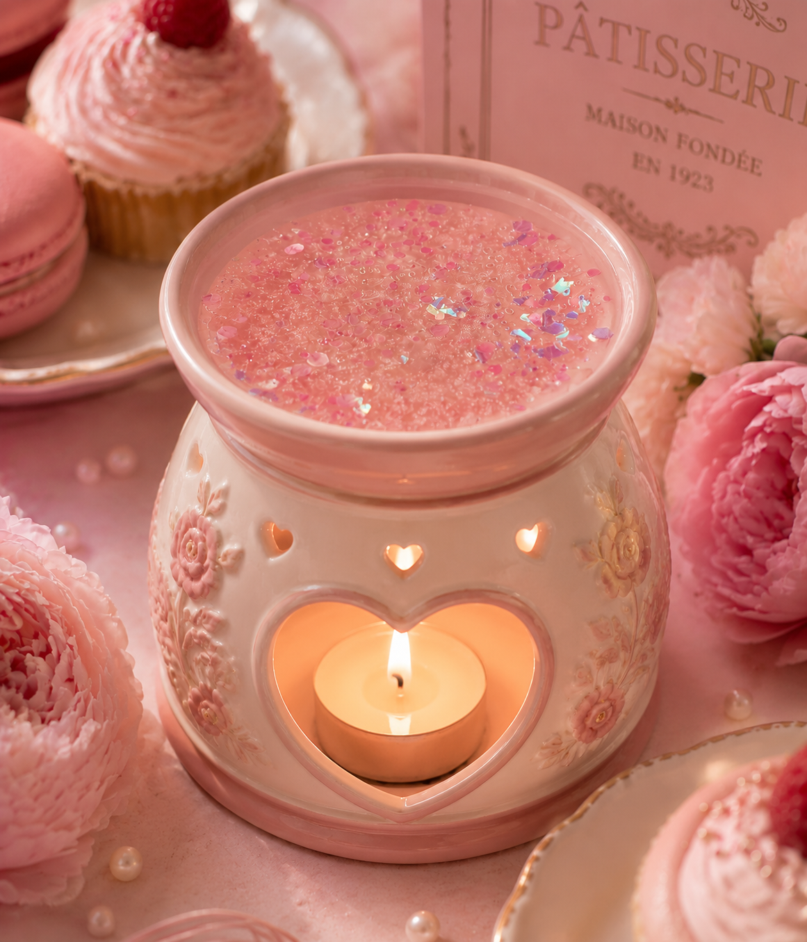 A pink ceramic wax warmer candle holder with a lit tea light candle inside with pink gel wax, surrounded by pink flowers, cupcakes, and a pink book in a softly styled setting.