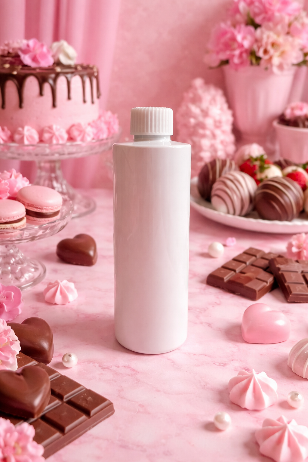 Pink patisserie reed diffuser confectionery chocolate theme.