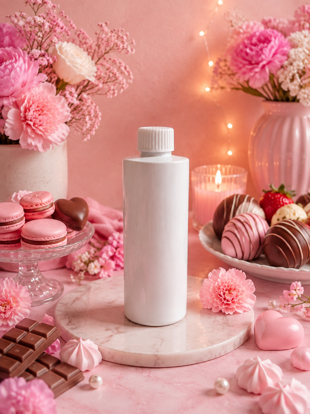 A tall reed diffuser refill matte white bottle with a ribbed screw cap stands centered on a round marble platter. The scene is styled in pink tones with flowers, macarons, chocolates, meringues, and warm string lights in the background.