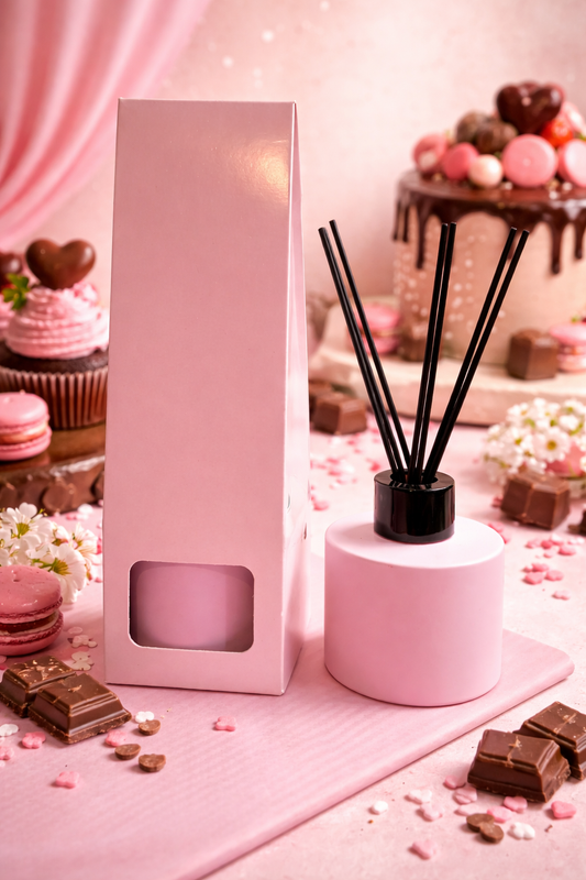 Pink diffuser with packaging on a pink surface with treats and flowers