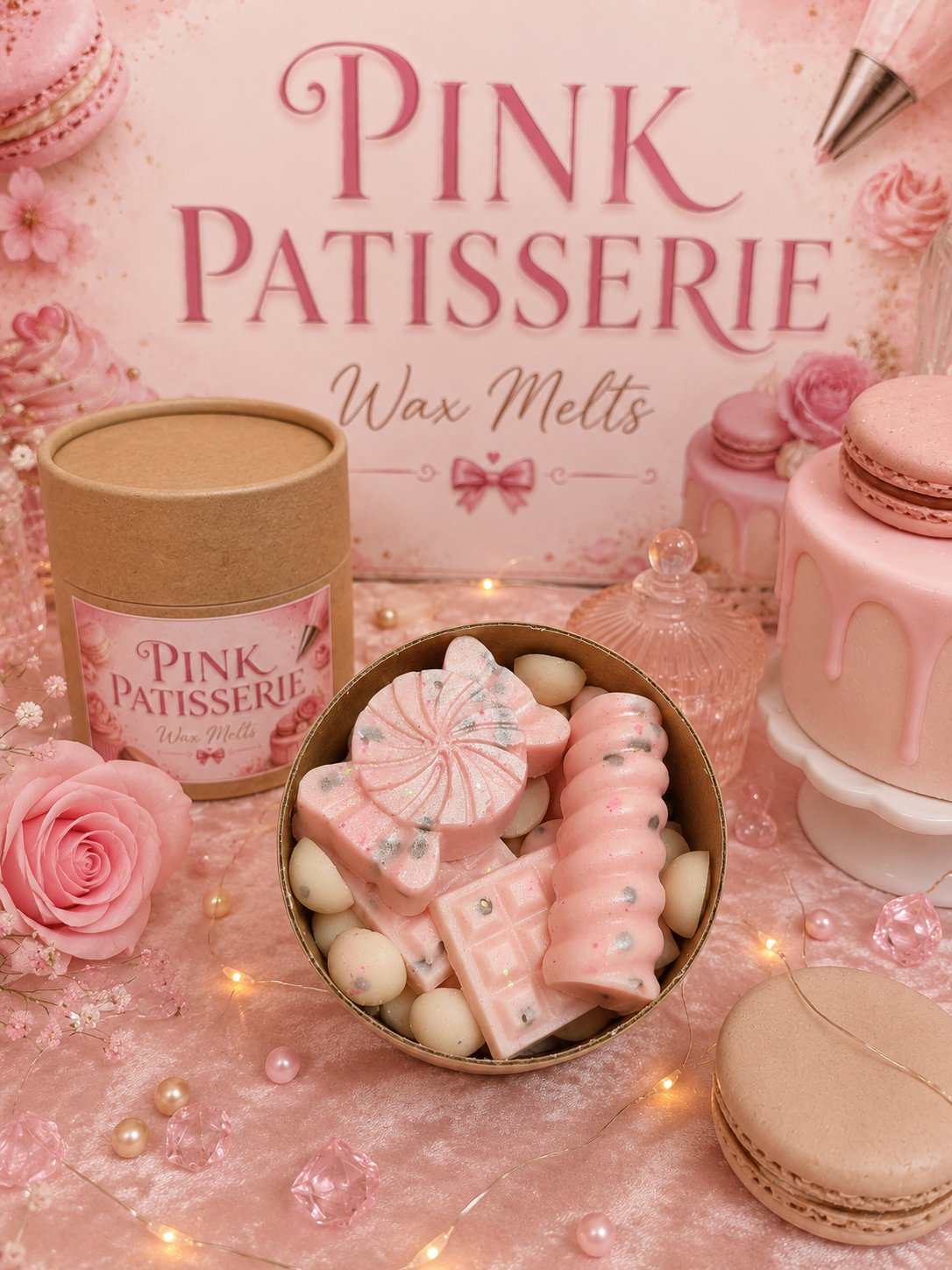 Pink Patisserie wax melts with decorative packaging and pastries on a pink background