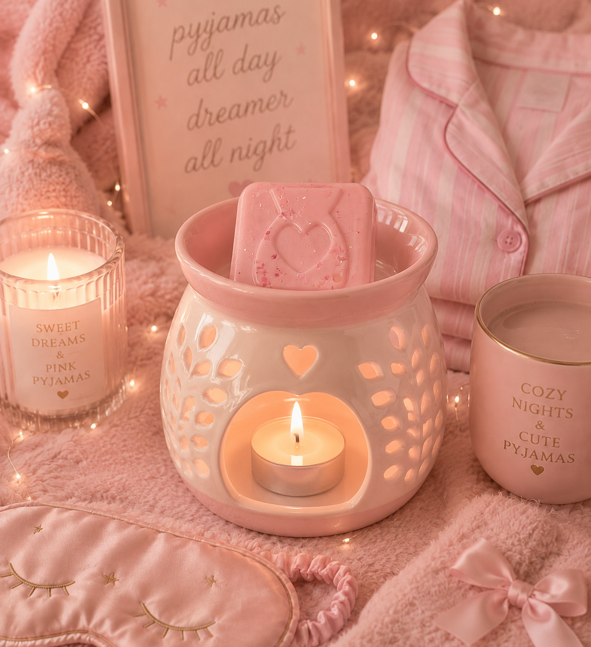 Pink wax melt in burner surrounded by cosy pink decor.