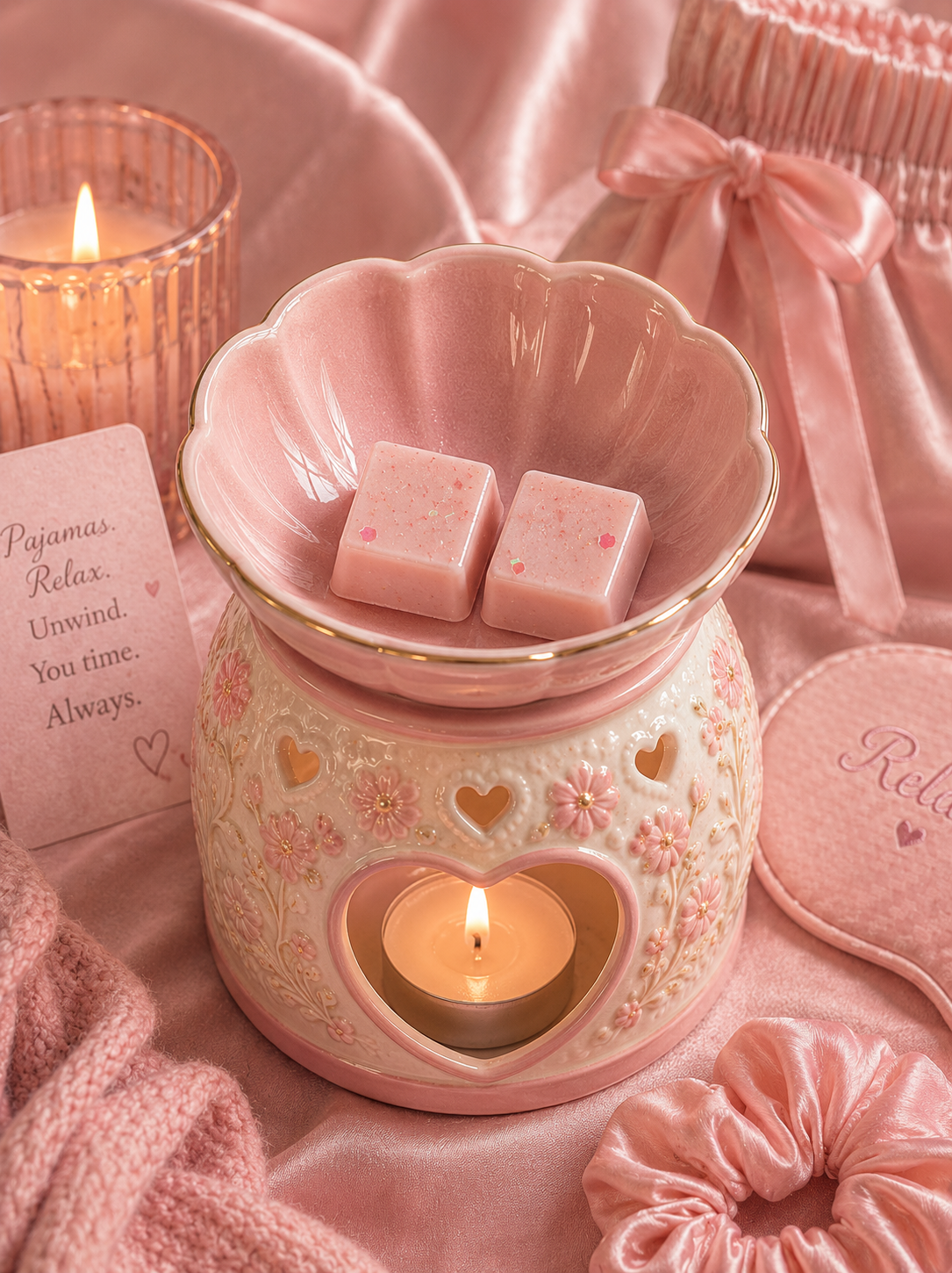 Pink wax melts in burner with pretty pink girl aesthetic background. 