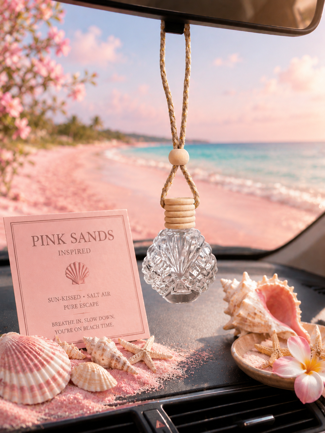 Car air freshener with 'Pink Sands' sign and seashells on a car dashboard with a beach view.