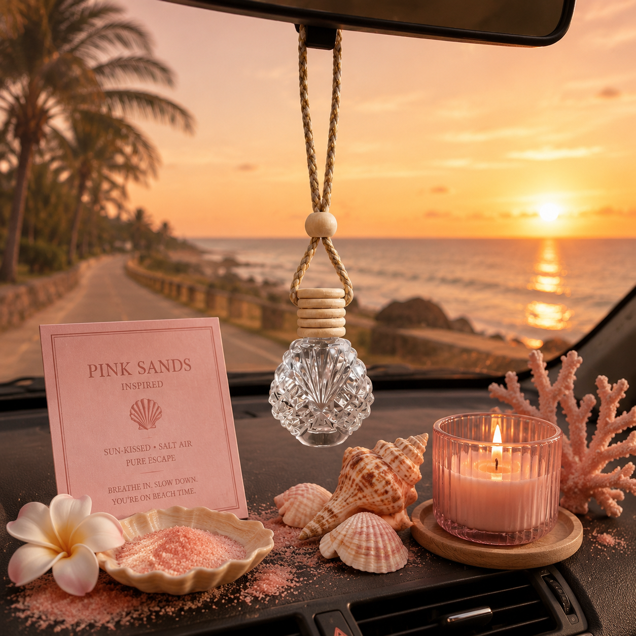 Pink Sands Involved car air freshener diffuser hanging in a car window with a beach sunset background, styled with seashells, a pink candle, and a beach card.