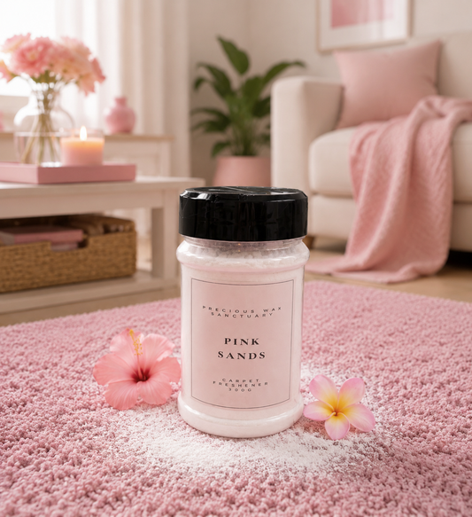 A jar of Pink Sands carpet freshener sits on a pink shag rug in a softly styled living room. The clear jar shows white scrub inside and has a black lid, with pink flowers placed around it.