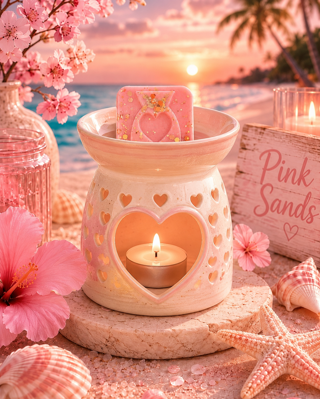 A pink wax warmer candle set on a beach-themed surface with a sunset ocean background. The warmer is cream-colored with heart cutouts and holds a small tealight candle and wax melt, with a pink decorative card featuring a heart and crown resting in the bowl.