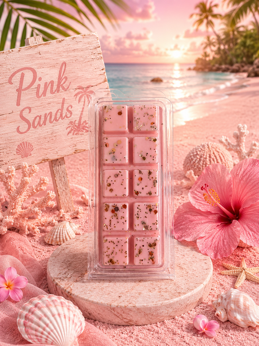 Pink Sands wax melt in packaging with a tropical beach background