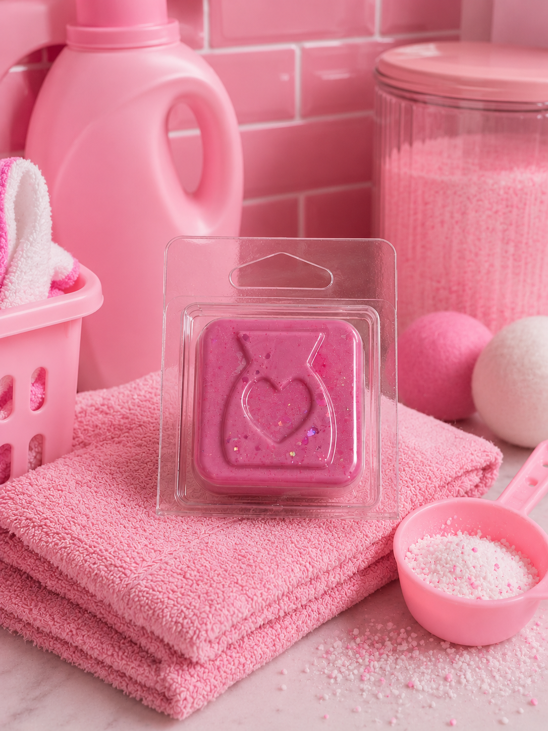 Pink laundry products including wax melt, detergent, clothes dryer sheets, and bath bombs on a pink tiled background.