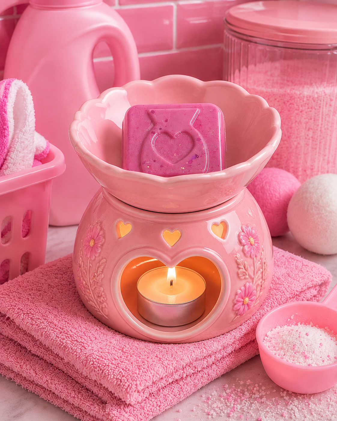 Pink wax melt in burner surrounded by laundry decor. 