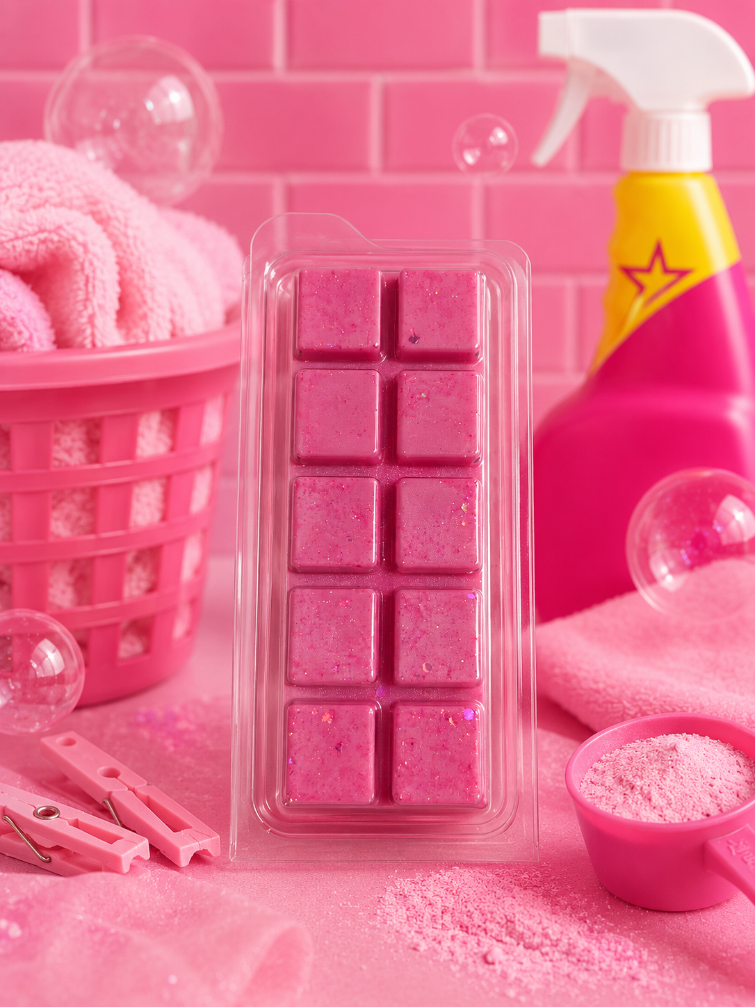 Pink wax melt with laundry detergent cubes in a clear container with cleaning supplies on a pink background