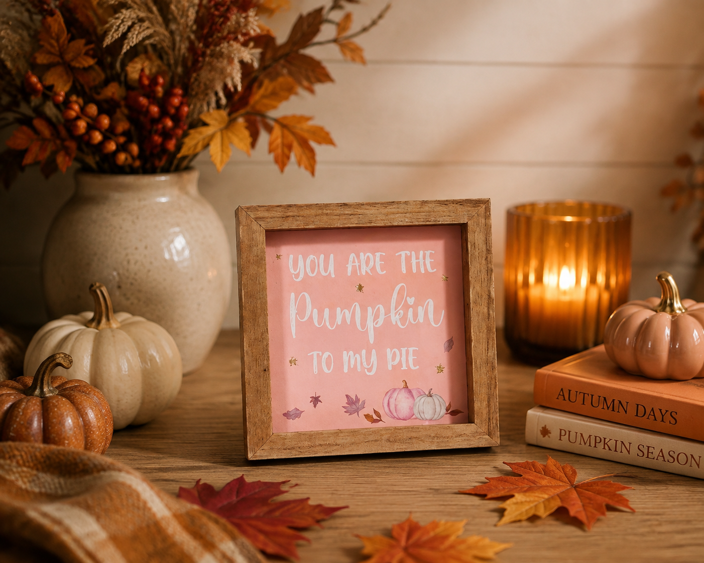 A framed autumn-themed sign reading 'you are the pumpkin to my pie' in white script on a pink background, styled on a wooden table with pumpkins, fall leaves, a candle, and stacked books.