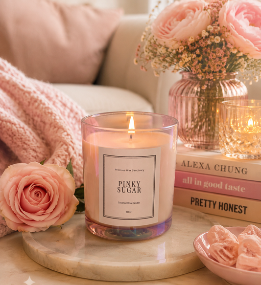 A lit candle in a clear glass jar sits on a marble tray in a styled room scene with pink roses, a pink knit blanket, books, and a small pink bowl. The candle label reads 'PINKY SUGAR' and 'Cottonwood Wax Candle.