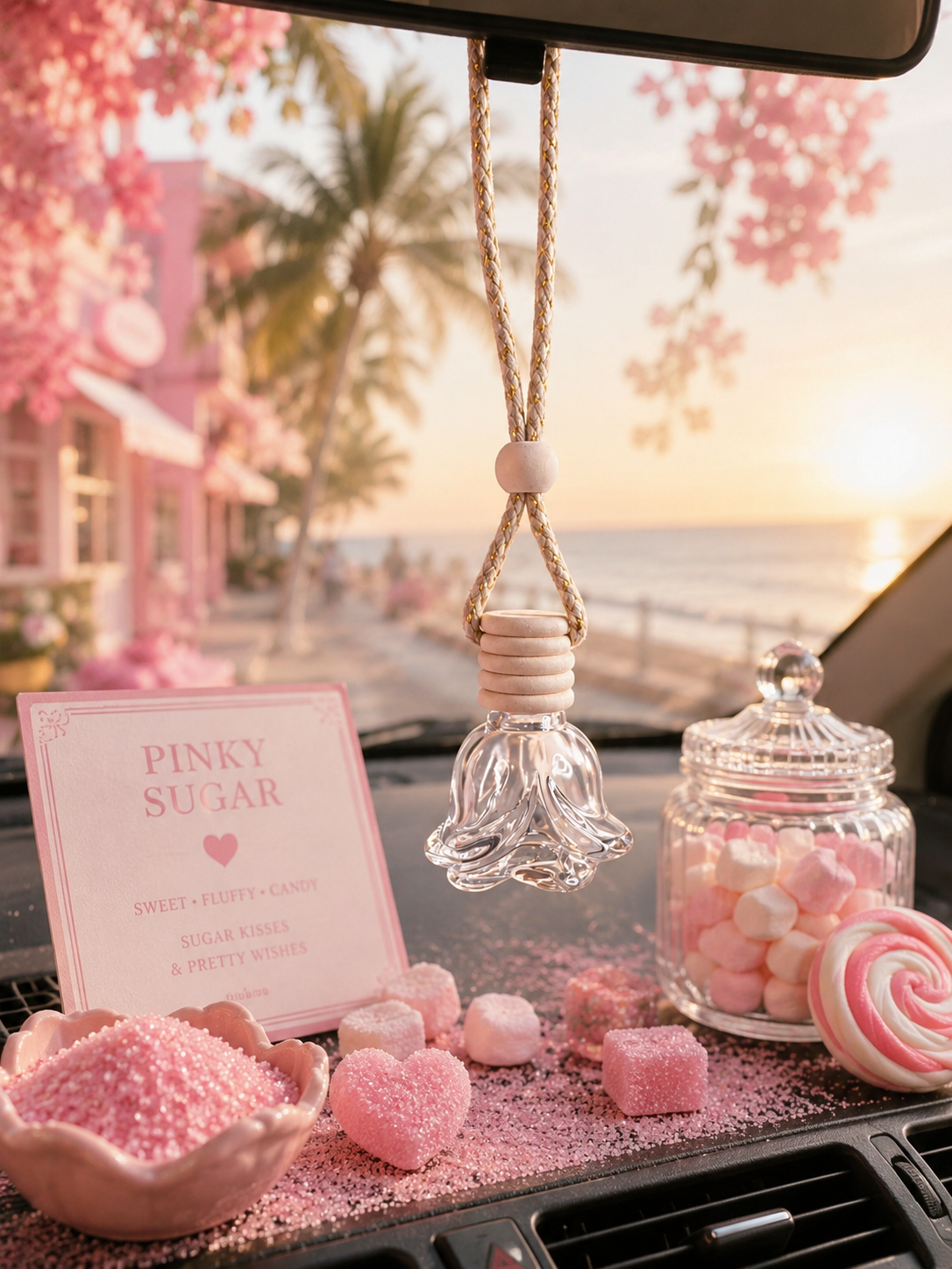 Pink candy and decorative items on a car dashboard with a scenic background and car air diffuser. 