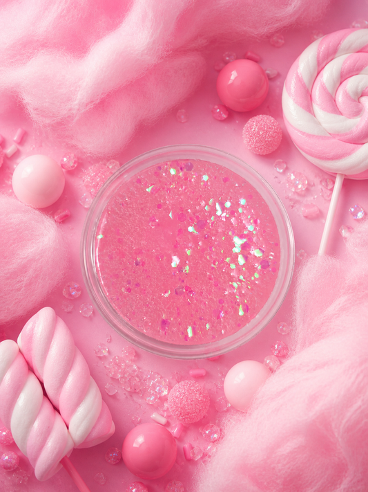 Pink glittery gel wax melt surrounded by pink cotton candy and lollipops on a pink background