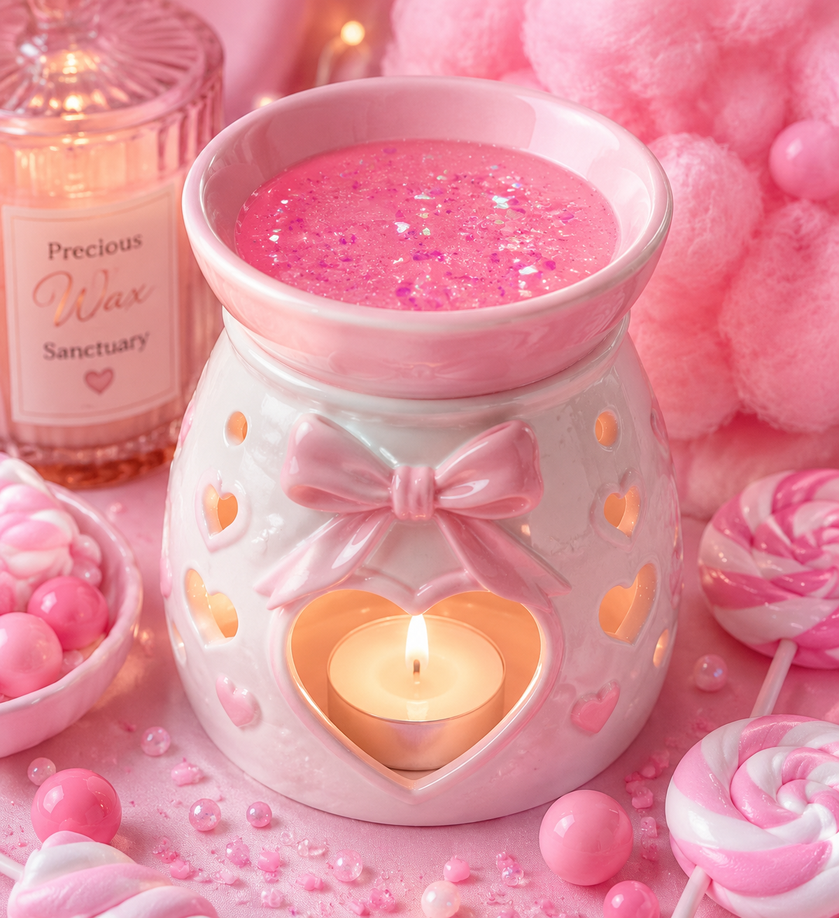 A pink glittery gel wax melt in a white ceramic heart-shaped wax warmer with a bow and glowing tea light candle, surrounded by pink candy and lollipops on a pink background.