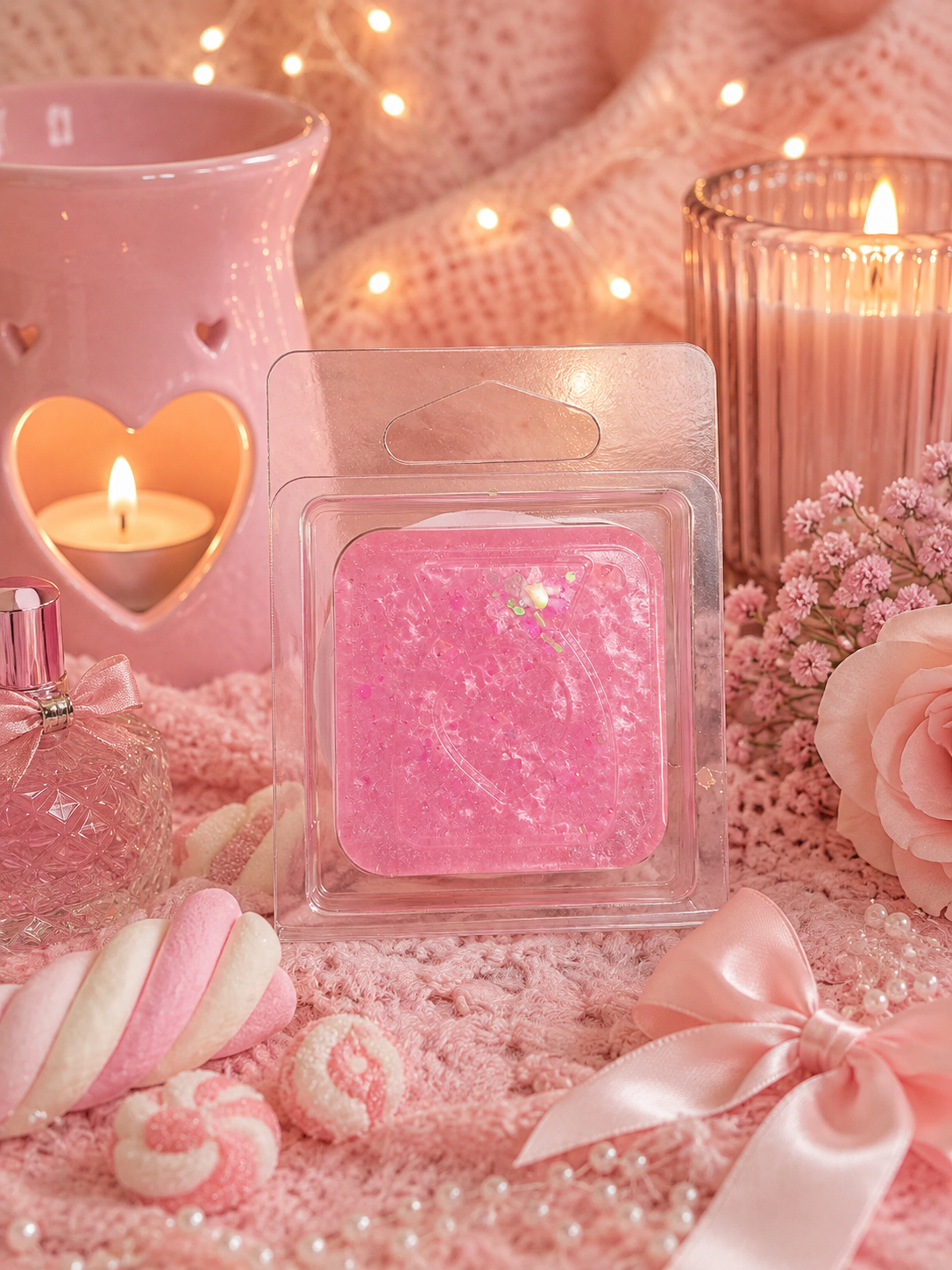 A pink glittery gel wax melt in a clear plastic clamshell package, styled on a pink textured blanket with candles, flowers, candy, and a pink ribbon.