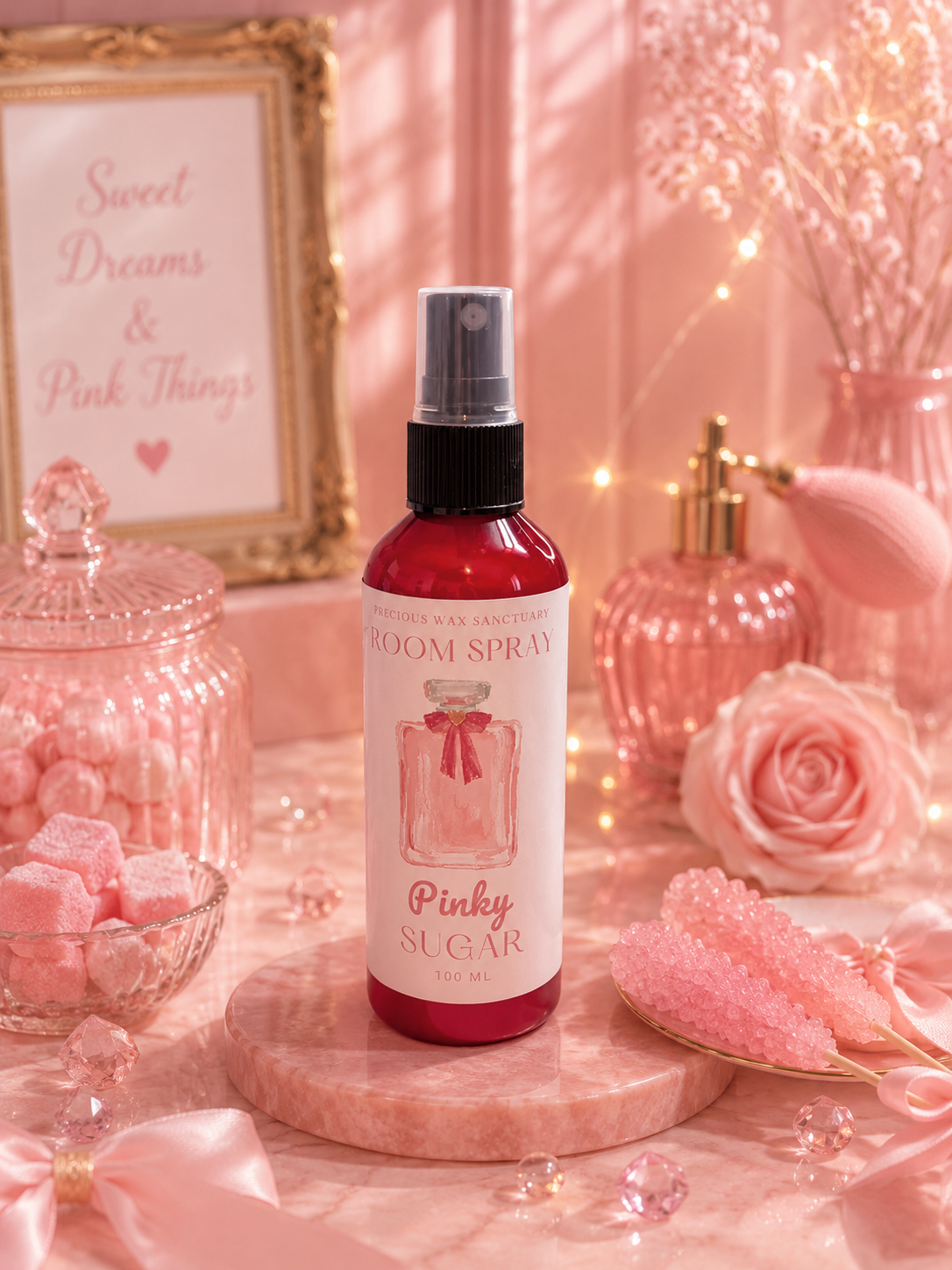 Room spray bottle labeled 'Pinky Sugar' on a decorative table with pink-themed decor.