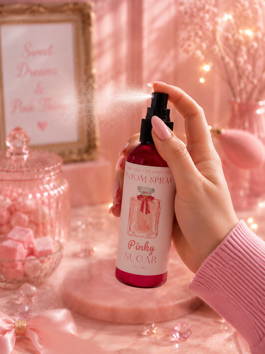 Pinky sugar room spray in hand being spritzed