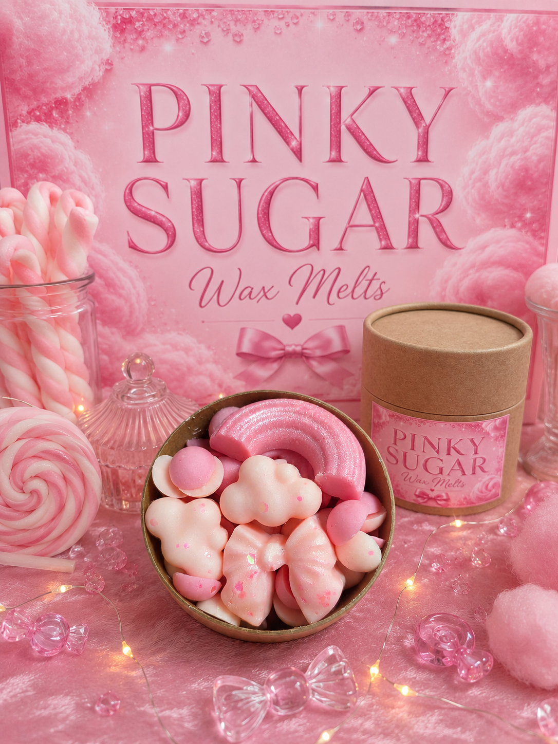 Pinky Sugar wax melts with pink packaging and candy-themed decor.