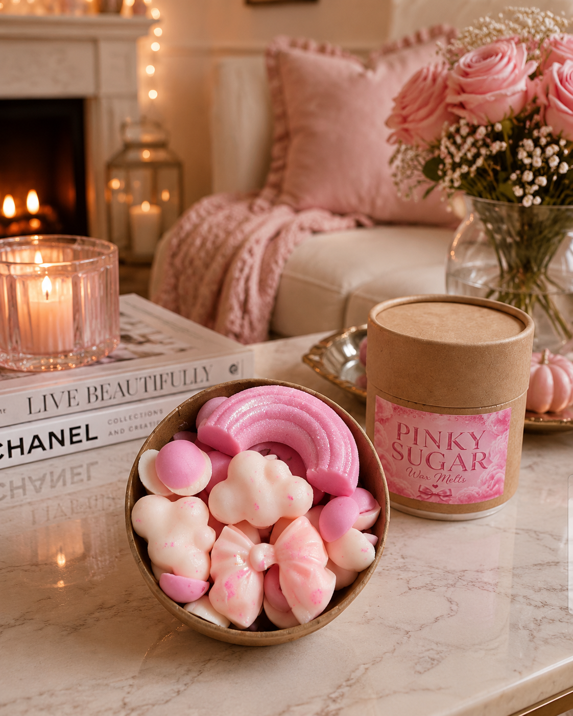 A bowl of pink and white wax melts sits on a marble table next to a kraft paper canister labeled 'PINKY SUGAR' in a cozy, warmly lit living room setting with a fireplace, candles, and pink roses.
