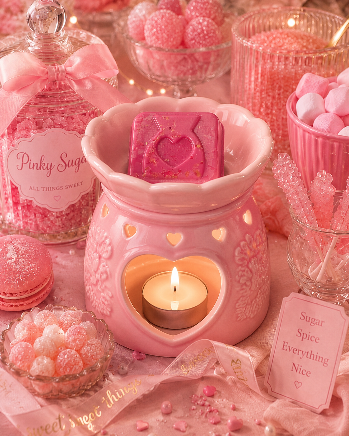 Pink wax melt sample in burner surrounded by pink sweets and candy. 