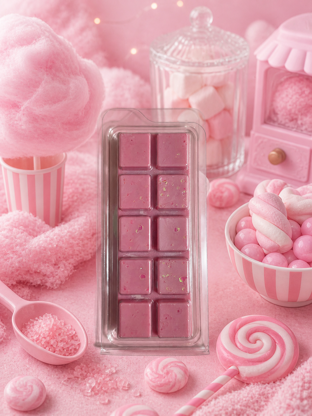 Pinky Sugar Wax Melt Bar surrounded by pink candy floss, marshallows and sweets.