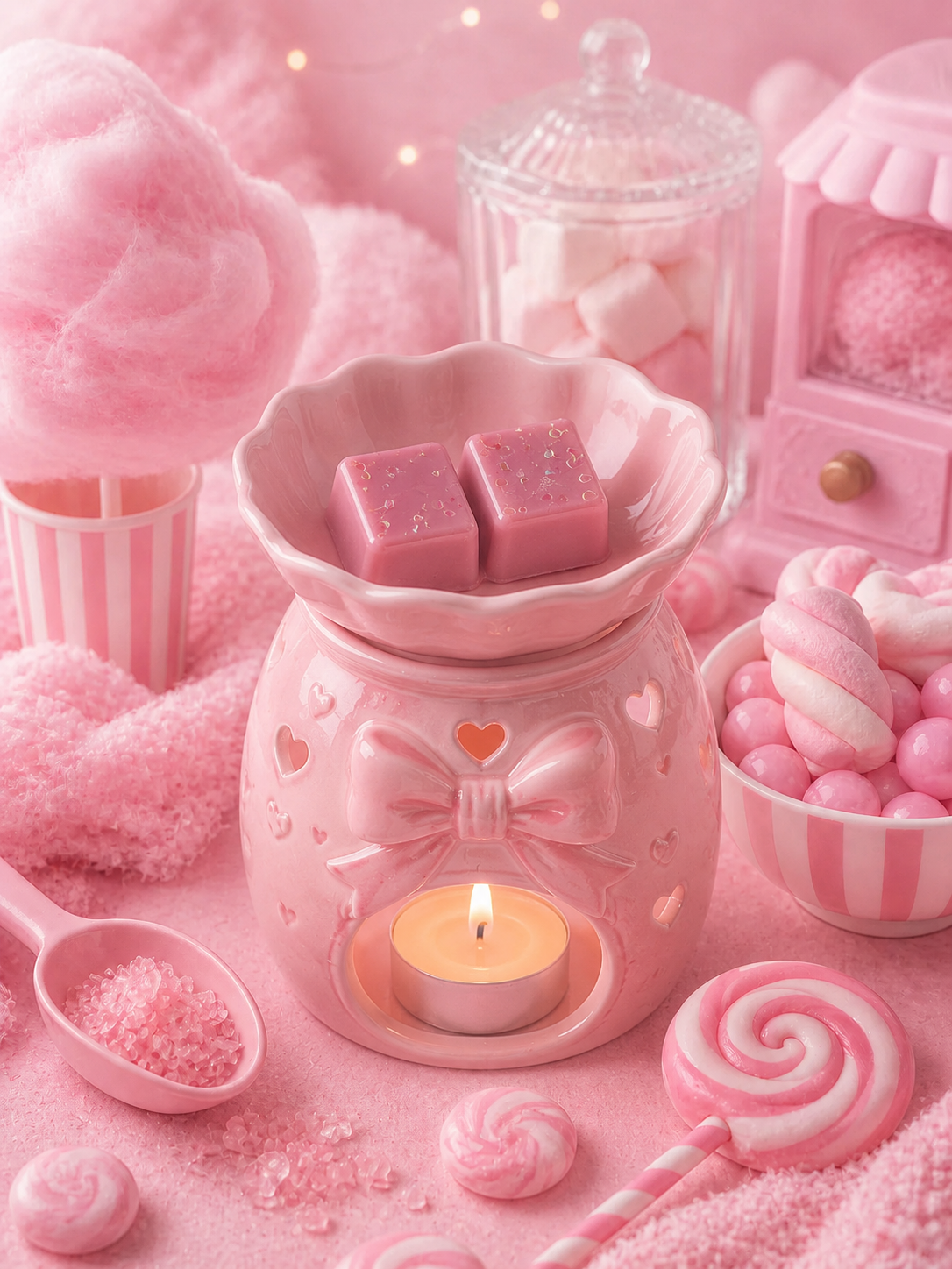 pinky sugar wax melts in burner surrounded by pink candy floss, candy and sugar background.