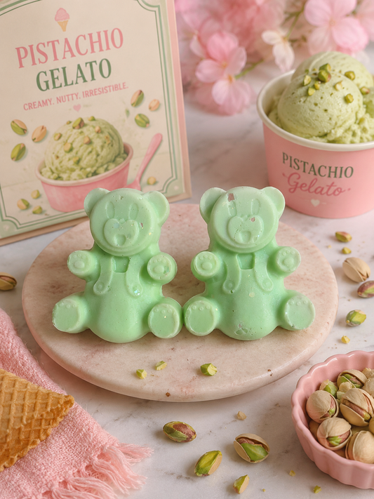 Pistachio gelato bear wax melts with ice cream and pistachio background.