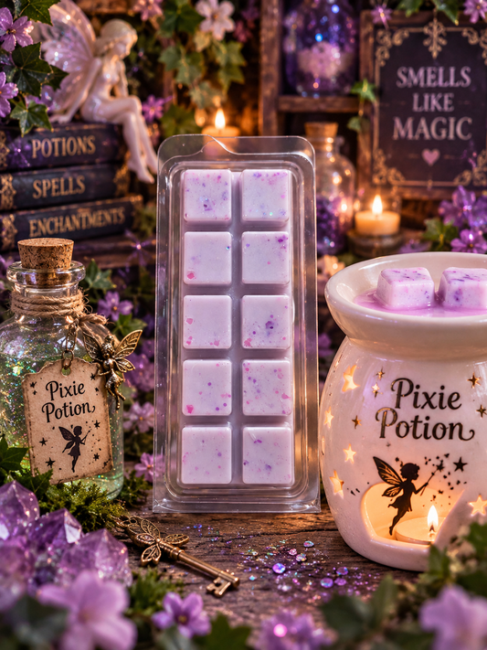A styled product scene featuring a clear plastic package of lavender and purple wax melts, alongside a ceramic 'Pixie Potion' candle warmer and a glass bottle labeled 'Pixie Potion,' surrounded by purple flowers, candles, and decorative props.