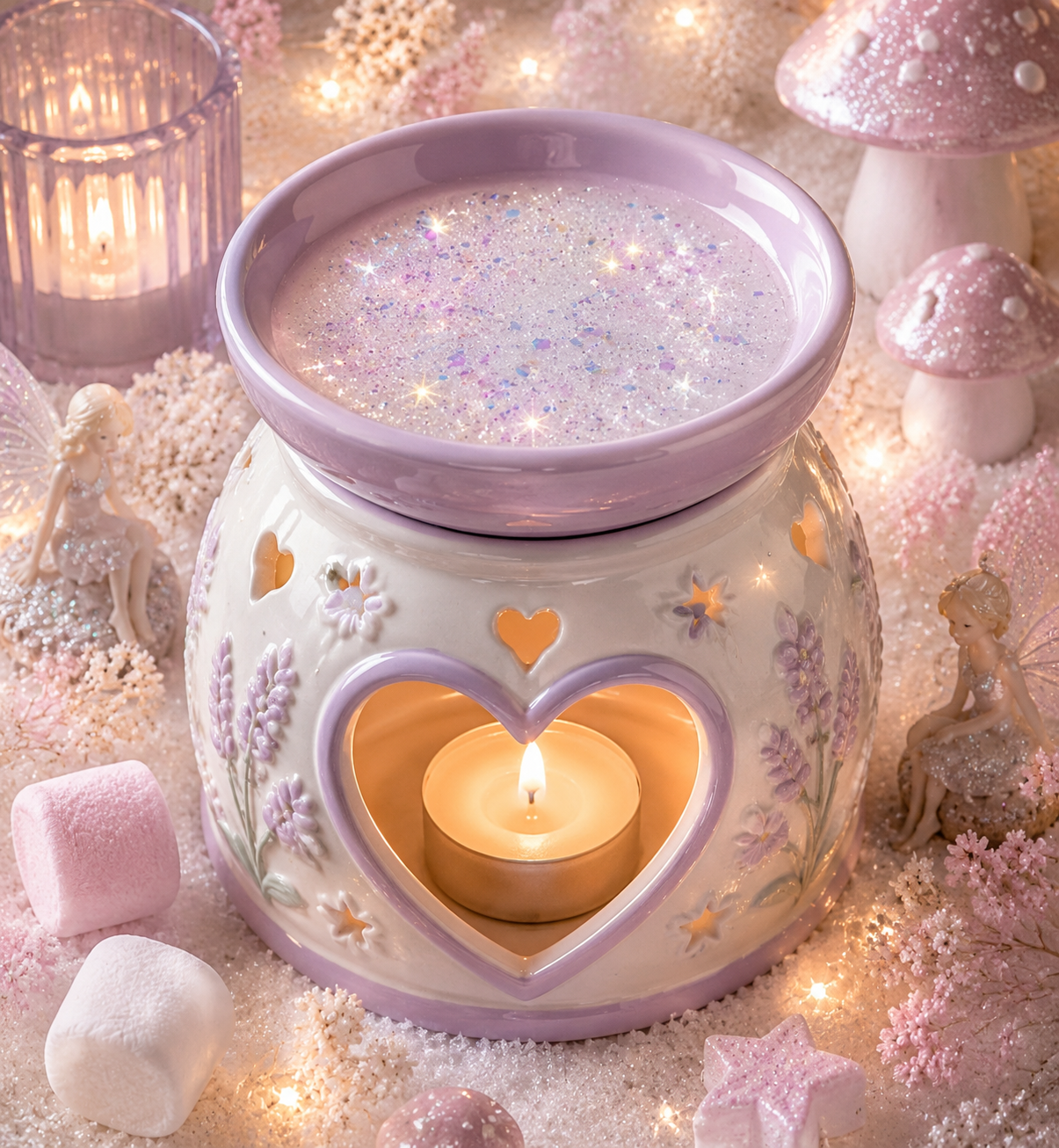A lavender and cream ceramic candle warmer with a heart-shaped cutout, lit with a tea light candle inside. The top lid is lifted to reveal a bowl filled with vanilla gel wax.
