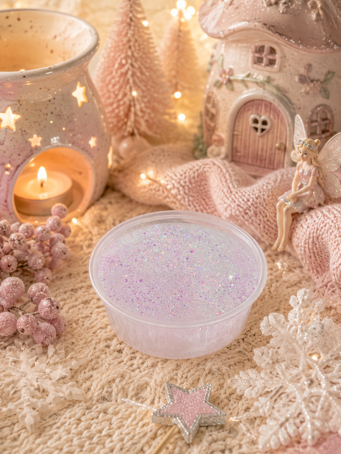 A clear plastic tub filled with gel wax melt and glitter sits on a knitted cream blanket surrounded by cozy holiday decorations, including a candle in a speckled holder, miniature trees, a fairy figurine, and snowflake ornaments.