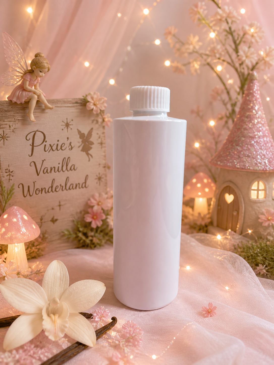 Reed diffuser refill White bottle labeled 'Pixie's Vanilla Wonderland' in a fairy-themed setting with flowers and a castle.