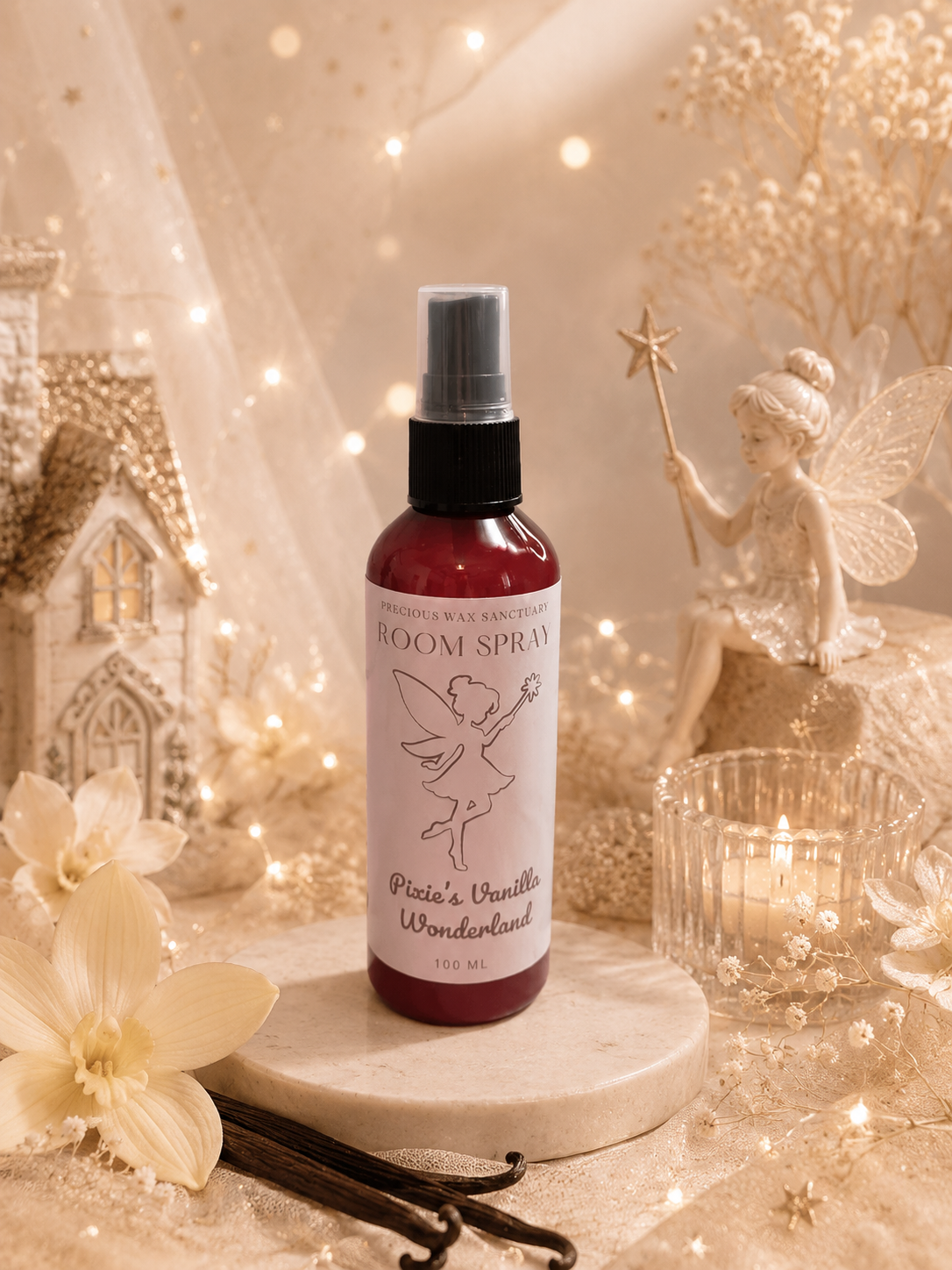 Bottle of room spray with vanilla beans and flowers on a decorative background